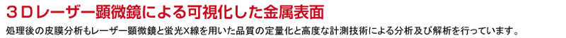 ３Ｄレーザー顕微鏡による可視化した金属表面 処理後の皮膜分析もレーザー顕微鏡と蛍光Ｘ線を用いた品質の定量化と高度な計測技術による分析及び解析を行っています。		